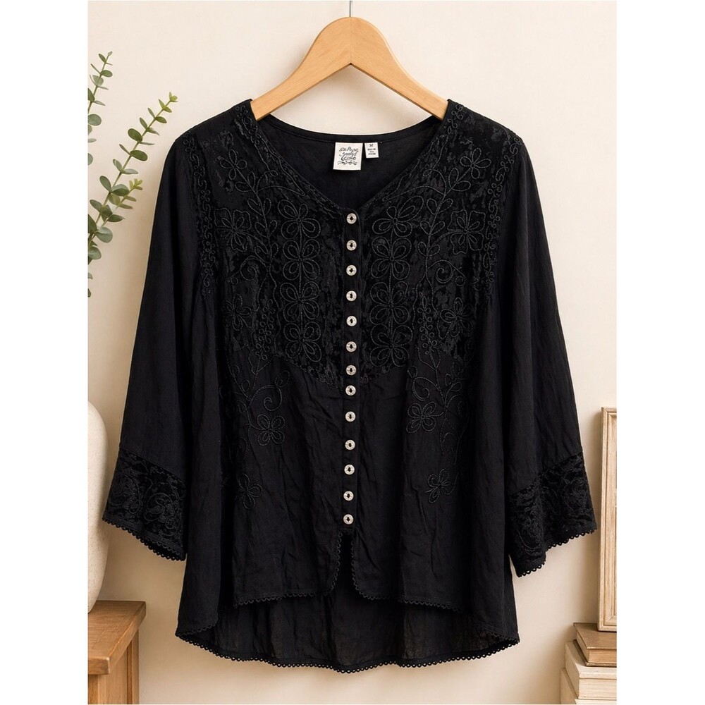 Parsley & Sage Tunic Top Black Velvet Floral Embroidered Button Up Women Medium